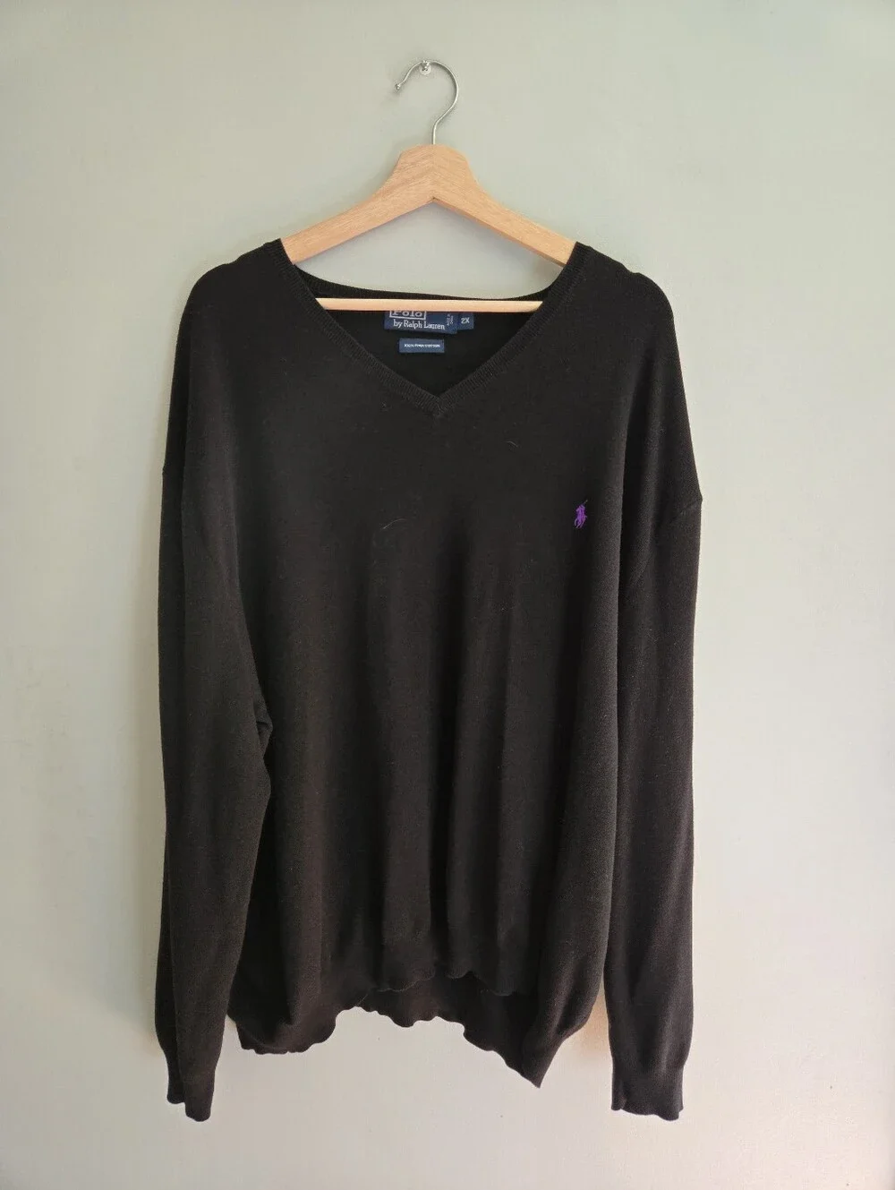 Polo Ralph Lauren 2X Pima Cotton V Neck Sweater Purple Pony Golf Style Unisex
